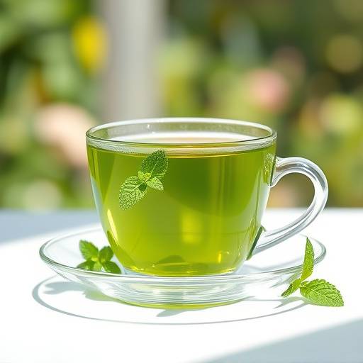 Chávena de chá verde com folhas de hortelã.
