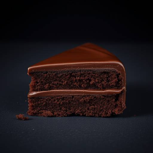 Fatia de bolo de chocolate com cobertura de ganache brilhante.