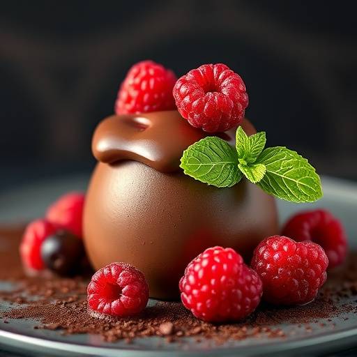 Mousse de chocolate com frutos vermelhos e hortelã.